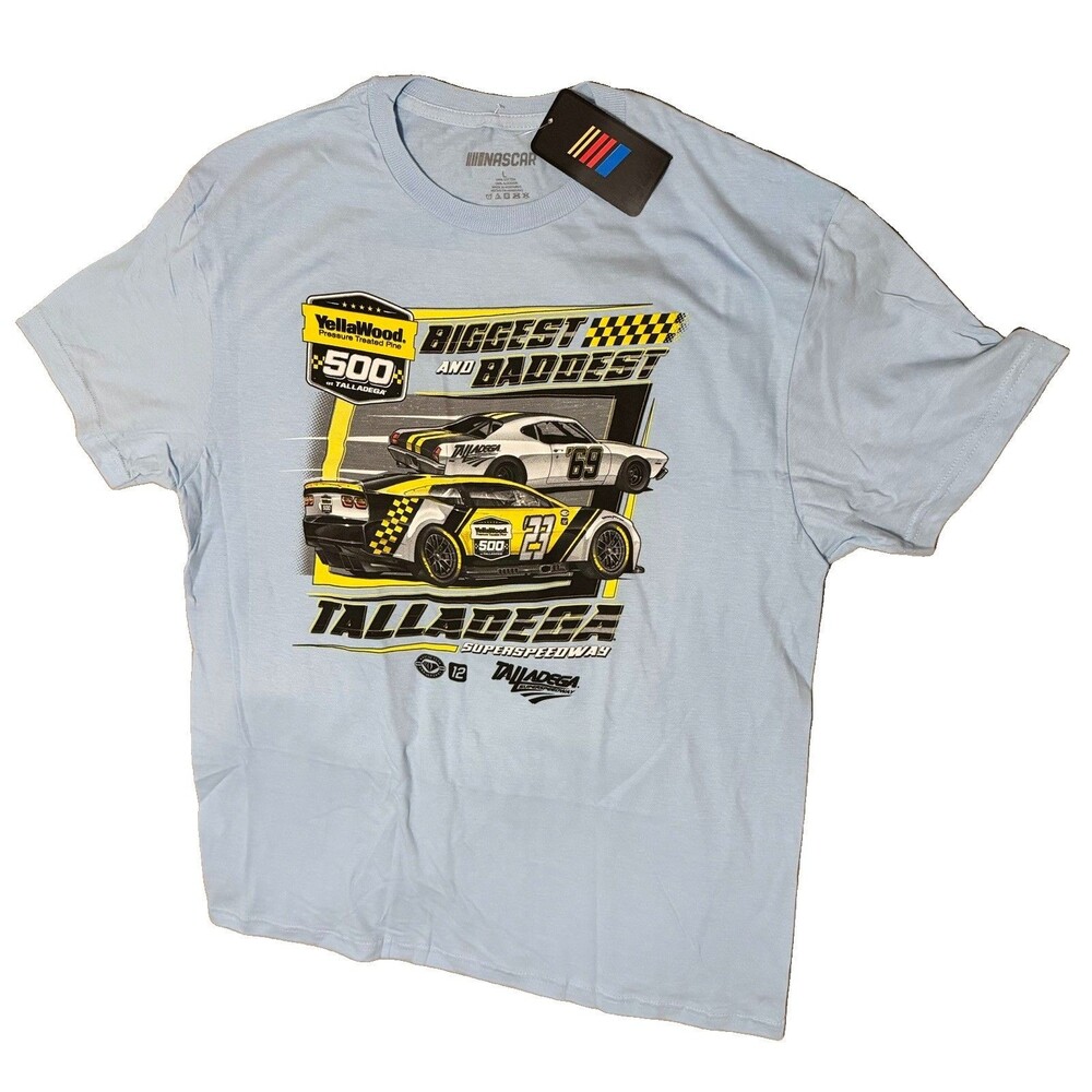 NASCAR Talladega YellaWood 500 “Biggest and Baddest” T-Shirt Size L Blue NWT